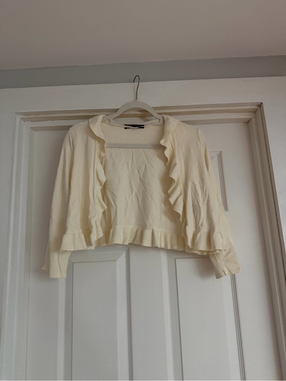 Jones New York Cream Ruffle-Trim Cropped Sweater Cardigan